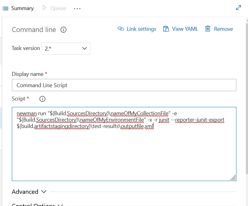 command line task for running the Postman collection in Azure pipeline