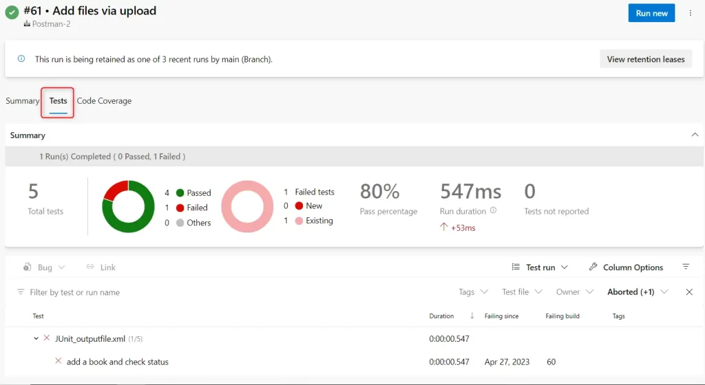 test results for Postman API test automation