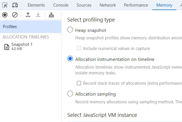 Memory panel allocation timeline