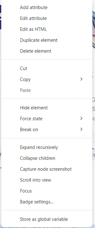 context menu dev tools