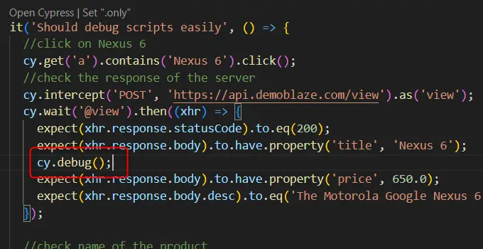 cypress debug tests using debug command