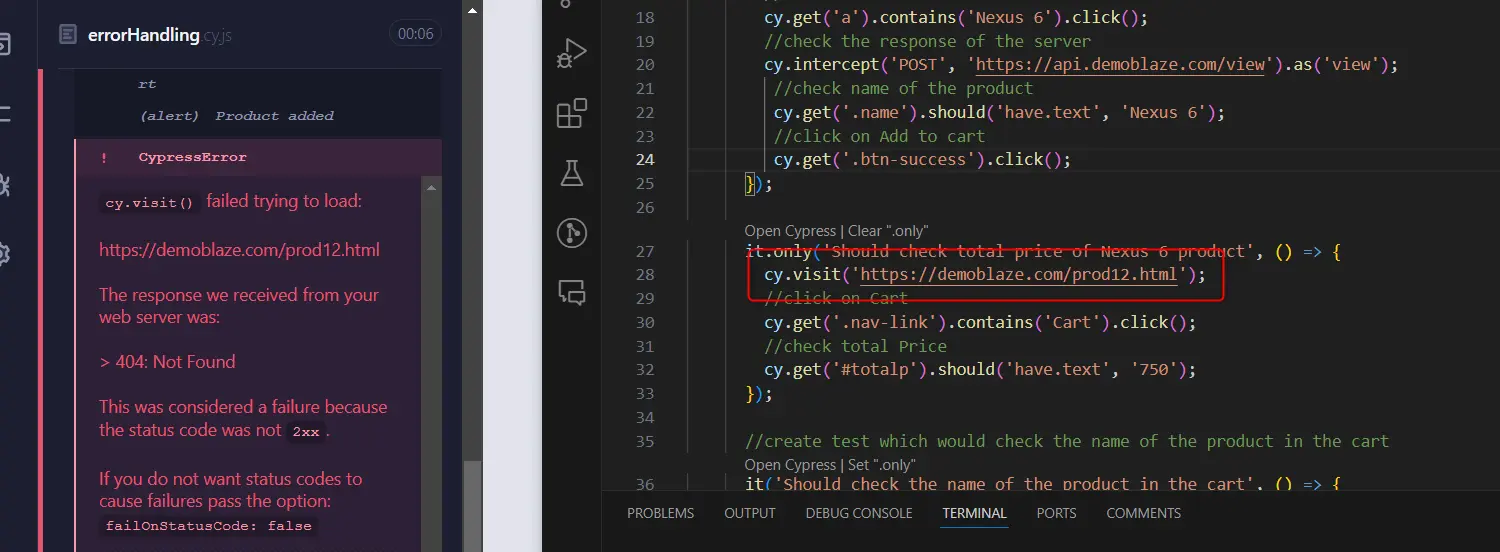error handling in cypress