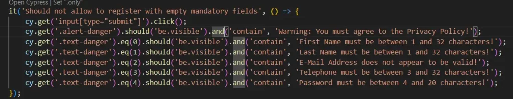 cypress user registration testing empty fields test