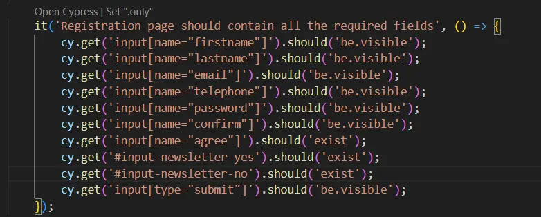 first it block in cypress user registration testing tutorial