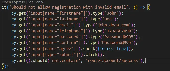 cypress test with invalid email