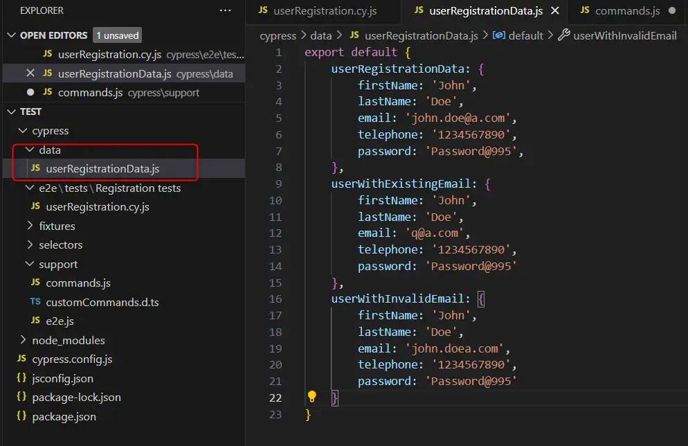 user data custom commands in cypress